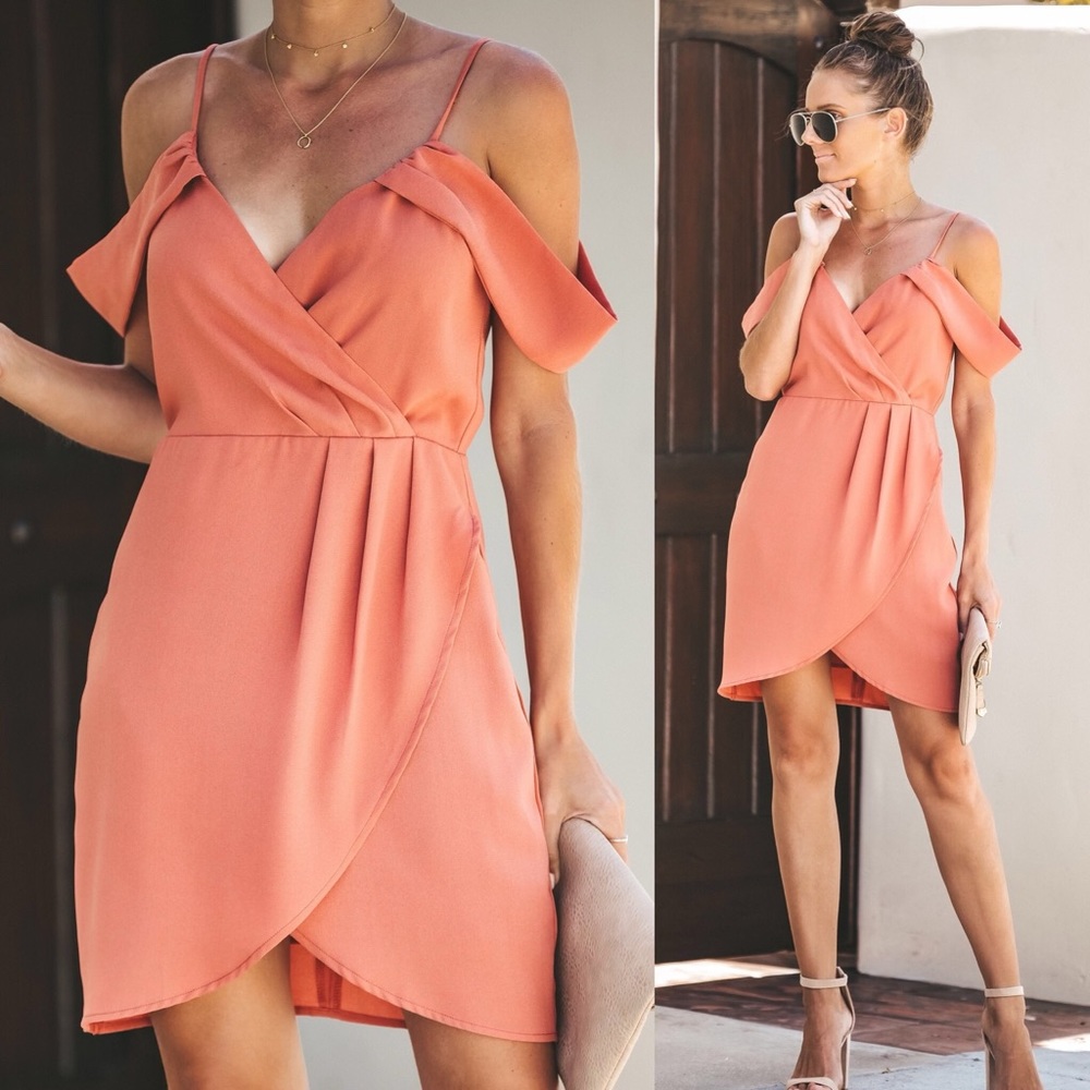 Vici Coral Off-Shoulder Wrap Dress